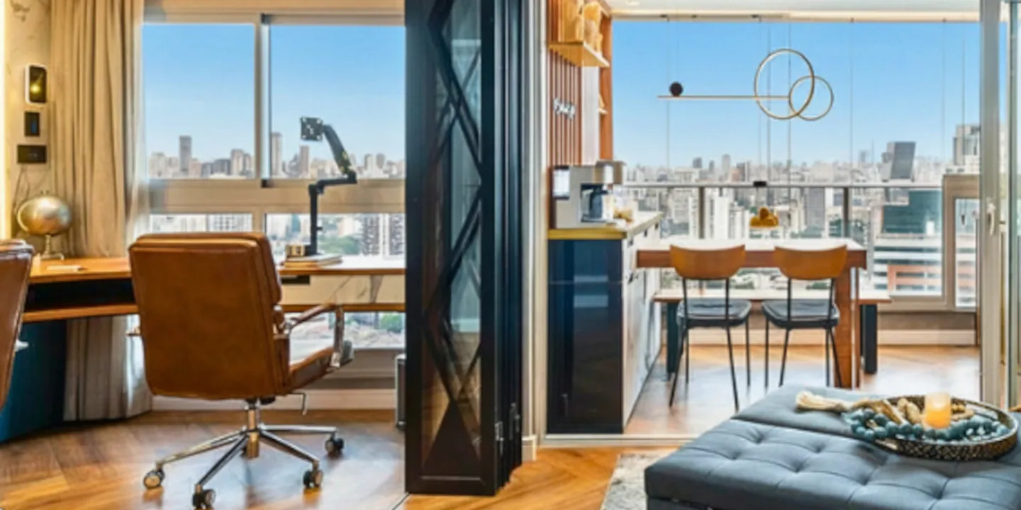 Apartamento iluminado com notebook aberto e vista de São Paulo